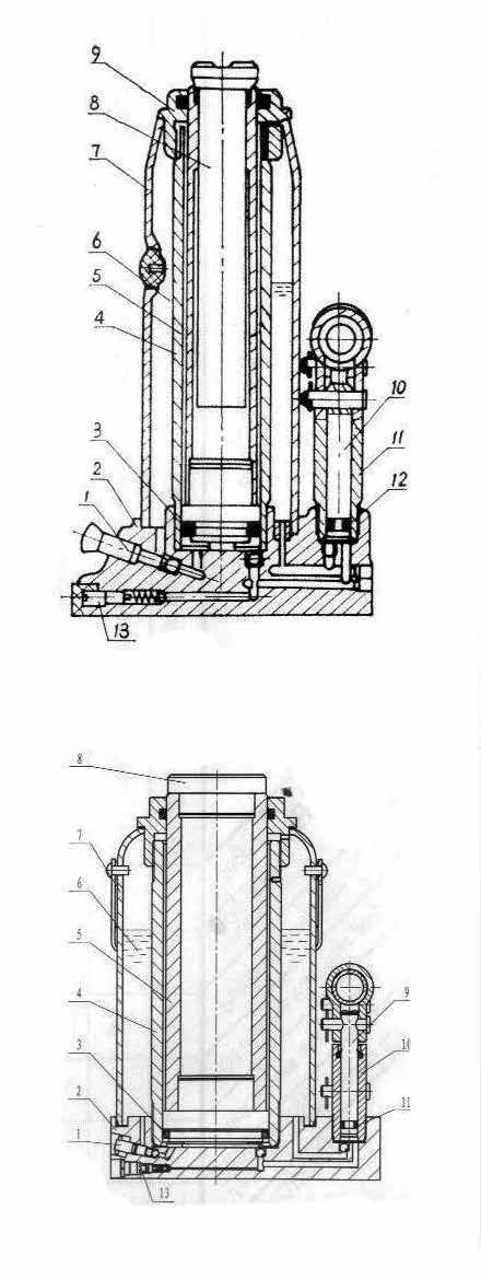 VÝKRES KONSTRUKCE T90204 - T92004 1. Páka ventilu uvolnění 2. Objímka 3. O-kroužek 4. Hydraulický válec 5. Píst 6. Hydraulický olej 7. Utěsněný zásobník 8. Prodlužovací šroub 9. Horní víčko 10.