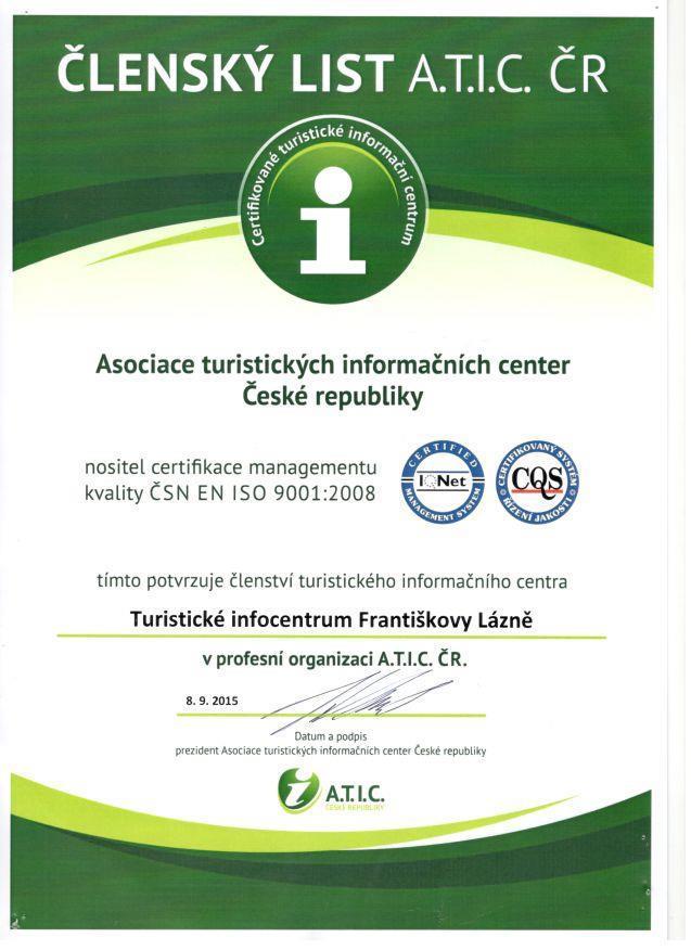 3. Členství s Asociaci TIC ČR, certifikace Czech Tourism Františkolázeňské Turistické informační centrum získalo v červnu 2015 certifikát klasifikační třídy A.
