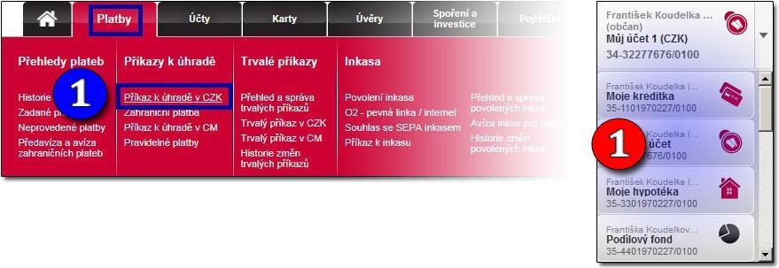 ZADÁNÍ TUZEMSKÉHO PŘÍKAZU K ÚHRADĚ V CZK 1. v horním menu zvolíme Platby / Příkaz k úhradě v CZK 2.