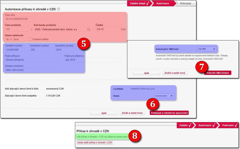 AUTORIZACE 5. zkontrolujeme veškeré zadané údaje 6. doplníme heslo k certifikátu a stiskneme tlačítko Podepsat a odeslat ke zpracování 7. opíšeme kód z autorizační SMS zprávy a Potvrdíme SMS kódem.