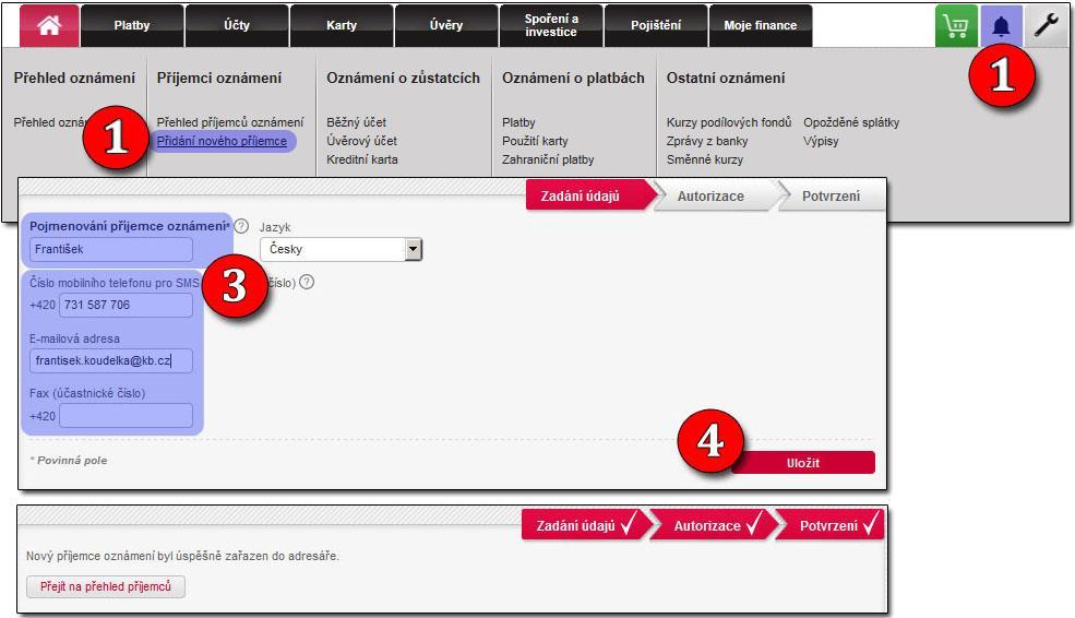 NASTAVENÍ OZNÁMENÍ NOTIFIKACE PŘIDÁNÍ ADRESÁTA 1. v pravé horní části obrazovky klikneme na ikonu zámečku 2.