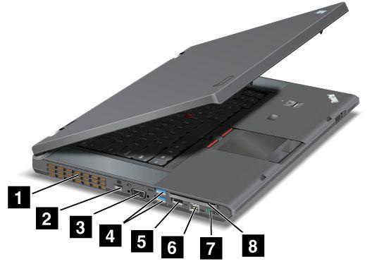 Pohled z levé strany Obrázek 3. Pohled zleva na ThinkPad T530, T530i a W530 1 Mřížka ventilátoru 2 Konektor Mini DisplayPort 3 Konektor VGA (Video graphics array) 4 Konektory USB 3.0 5 Konektor USB 2.