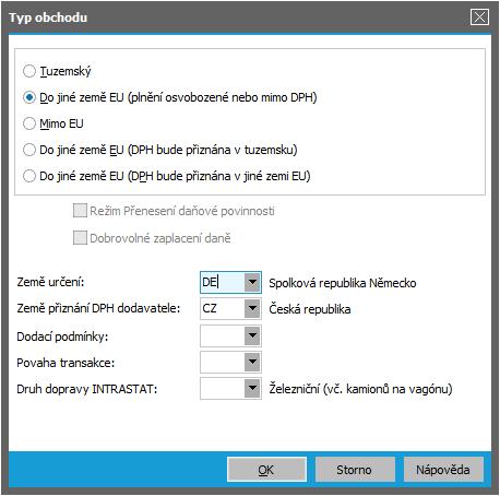(pokud se vás sestavování ESL hlášení netýká, jelikož s EU v tomto režimu neobchodujete, zvolte typ obchodu Tuzemský): Dialog typu obchodu