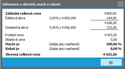 Zobrazení informace o uplatněných slevách. ABRA vzhled modrý. Informace o marži/rabatu jsou zatím neaktuální, protože skladová karta zatím nemá stanovenu skladovou cenu.