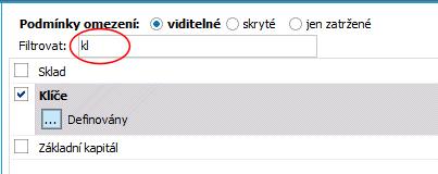 Zatržení omezovacího prvku Klíče, podle něhož se bude filtrovat Po stisku tlačítka v nabídnutém dialogovém okně zadáme omezení pro