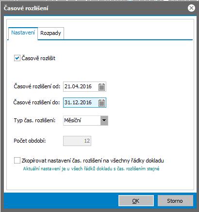 Dialogové okno časového rozlišení k třetímu řádku faktury z našeho příkladu, časové rozlišení nastavíme jen do 31.12.2016.