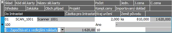 Příklad řádků příjemky. K dispozici je opět i 3.část řádku s položkami pro INTRASTAT.