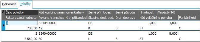 Položky pro odeslání zboží. Částky v cizích měnách se přepočtou kurzem z dokladu. Sestavené hlášení můžeme po uložení tisknout nebo exportovat, opravovat, případně mazat apod.