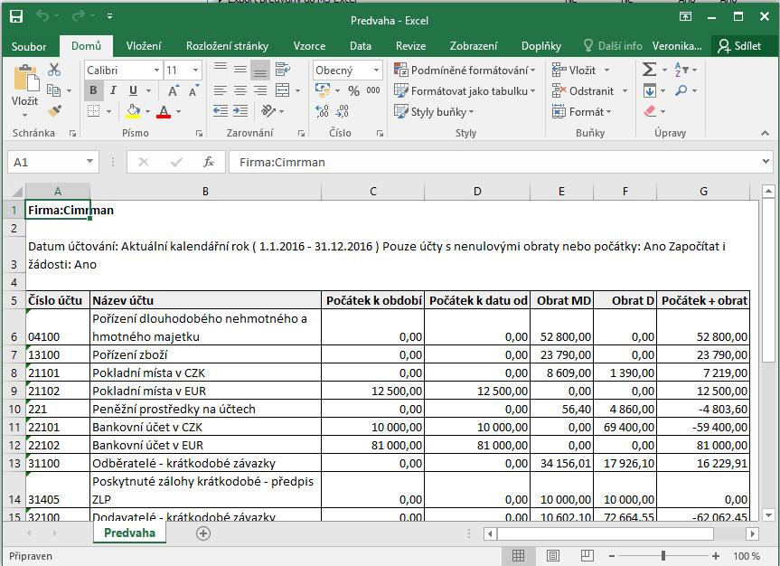 Export účetního přehledu Předvaha do MS Excel. Podrobněji viz help, kap. Účetní reporty. SESTAVENÍ ÚČETNÍCH VÝKAZŮ : ROZVAHA A VÝKAZ ZISKŮ A ZTRÁT.