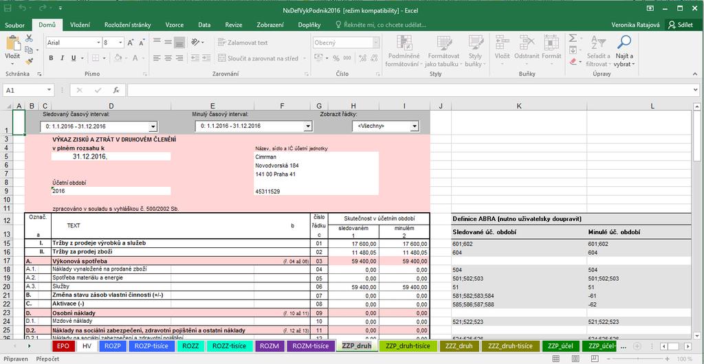 Příklad sešitu účetních výkazů v MS Excel, jednotlivé výkazy najdeme ve složkách v dolní liště okna.