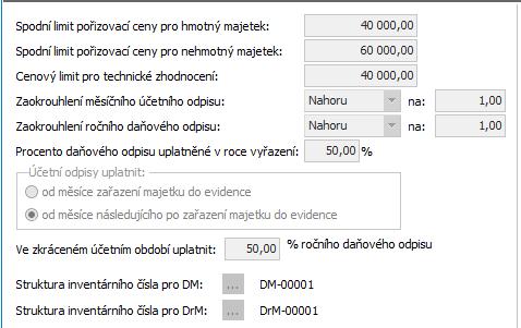 8.5 NASTAVENÍ PARAMETRŮ MAJETKU Agenda slouží pro nastavení platná pro agendy majetku. Nastavení zde zadaná pak ovlivňují další chování systému nebo slouží pro předvyplnění některých údajů.