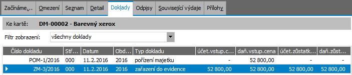 Otevřeme agendu Dlouhodobý majetek v uspořádání dle modulů ze složky Majetek, podsložky Majetek a pro kartu DM- 00002 vstoupíme do záložky Doklady.