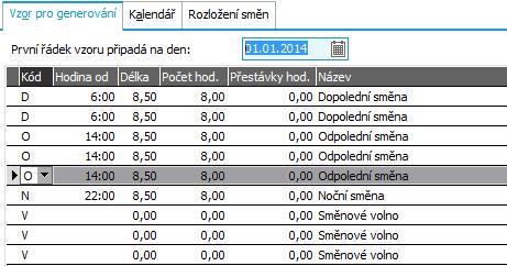 Podle vybraného druhu směn (dodávány předdefinované, ale lze si je libovolně změnit či