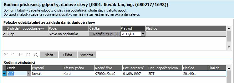 Ve spodní části je seznam odpočtů na rodinné příslušníky, v horní části pak seznam dalších typů odečitatelných položek. ABRA vzhled modrý.