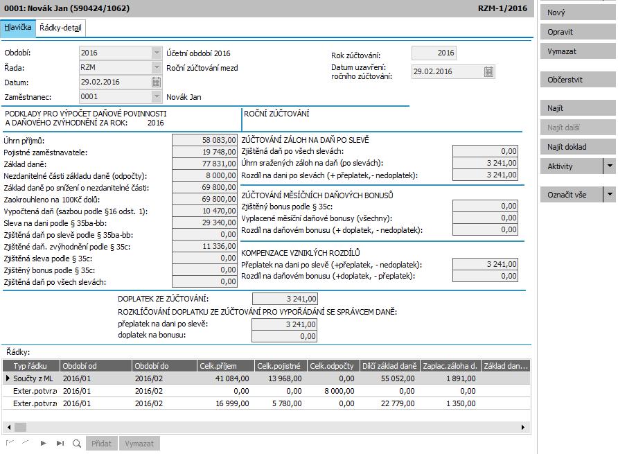 Zúčtování měsíčních daňových bonusů a Kompenzace vzniklých rozdílů v záložce Hlavička záznamu