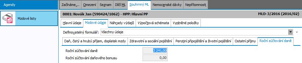 Roční zúčtování se uzavře do v té chvíli aktivního mzdového období. V našem příkladu je to období únor zpracovávaného roku.