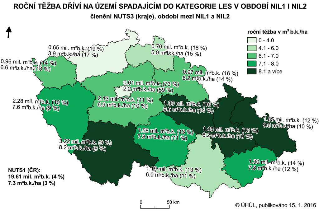 Ústav pro hospodářskou úpravu lesů brandýs nad labem Obr. 3: Průměrná roční těžba dříví (hroubí b. k.) v krajích, období mezi NIL1 (2001 2004) a NIL2 (2011 2014) V grafu č.