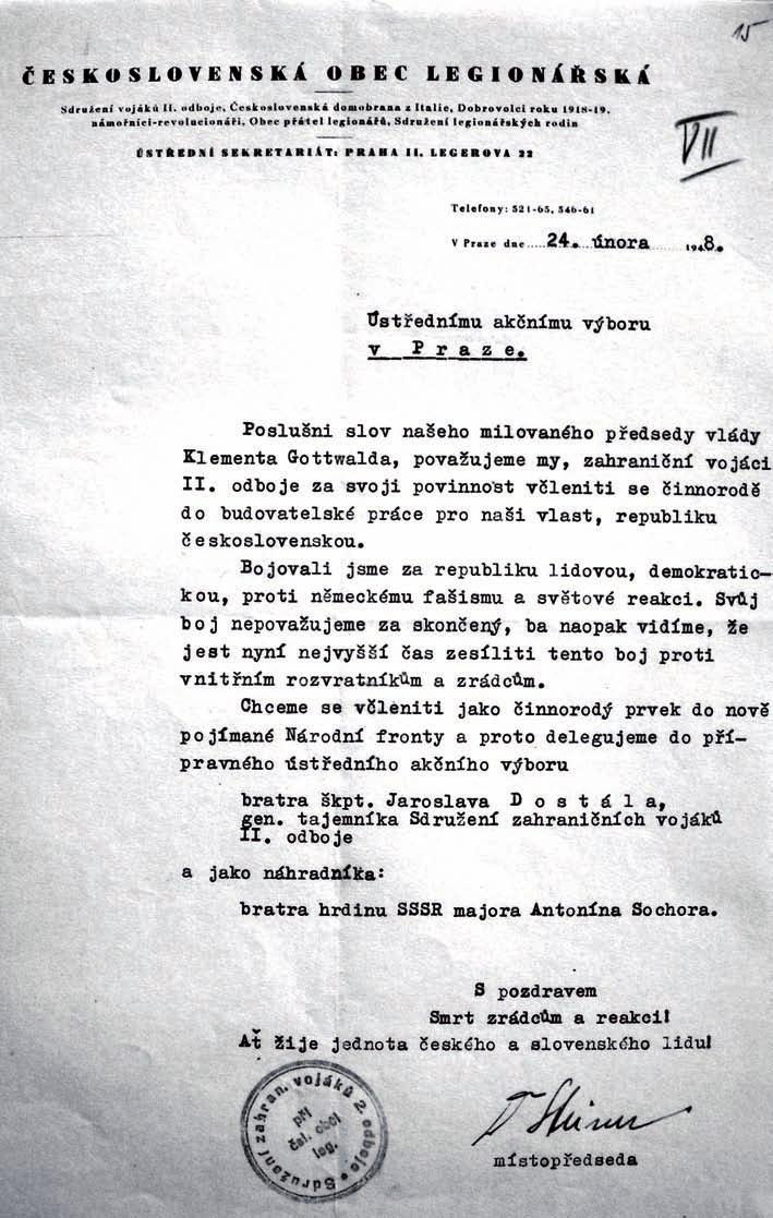 Československou obec legionářskou zastupoval v Ústředním akčním výboru NF jeden z blízkých spolupracovníků