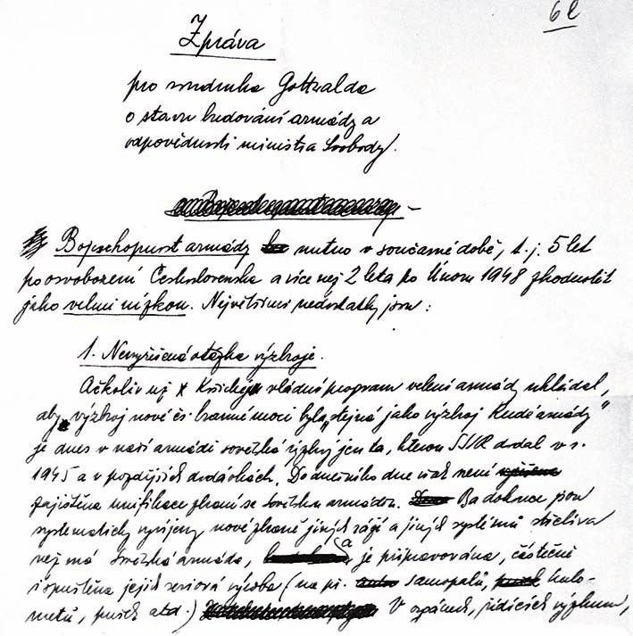 Část zprávy zpracované a podepsané B. Reicinem z 19. 4. 1950. Obsahuje většinou ničím nepodložená obvinění gen. L. Svobody. NA, f. 100/24, sv. 56, a. j. 903 Dne 8. února 1951 byl gen.
