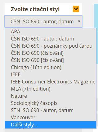 Změna citačního stylu vyberte citační styl, ve kterém se mají