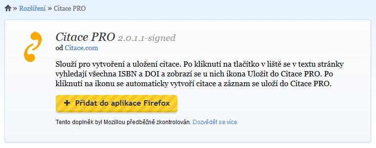 Instalace citační lišty ve Firefoxu V Plus klikněte na nastavení. Otevře se stránka doplňku na http://addons.mozilla.org.