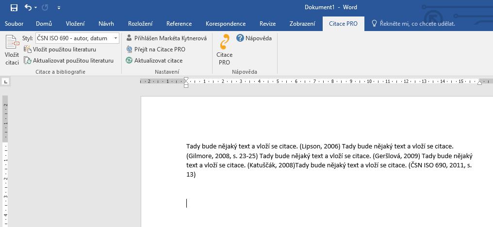Doplněk do Wordu - vkládání použité literatury Umístěte kurzor na