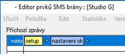 konfiguraci SMS zpráv, případně importujeme soubor z programu CASetup. SMS editor má v interpretaci StudiaG k dispozici pouze nastavení řídící a stavové proměnné.