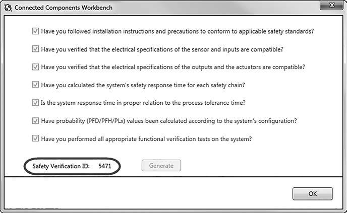 Příklady aplikací 8. Zaznamenejte ID ověření bezpečnosti (Safety Verification ID) do dokumentace stroje.