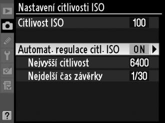 ISO v menu fotografování, citlivost ISO se v případě, kdy při hodnotě vybrané uživatelem nebude možné dosáhnout optimální expozice, automaticky upraví (v případě použití blesku je citlivost ISO