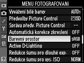 Barevný prostor Barevný prostor ovlivňuje barevný rozsah dostupný pro reprodukci barev. Zvolte jeho typ podle toho, jak budou snímky zpracovávány po opuštění fotoaparátu.