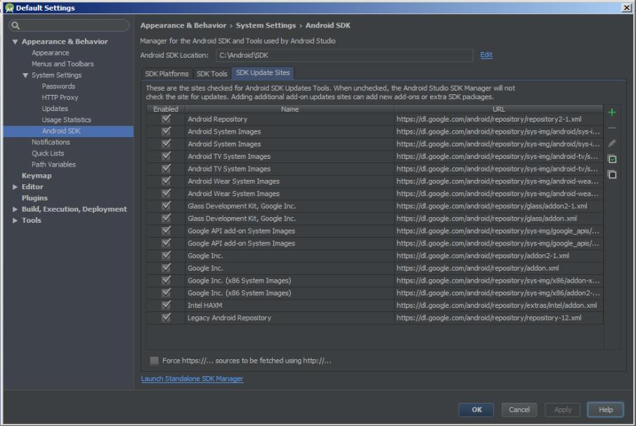 4 PŘEDSTAVENÍ VÝVOJOVÉHO PROSTŘEDÍ ANDROID STUDIO Obrázek 11: SDK Manager - SDK Update Sites (zdroj: vlastní) 4.