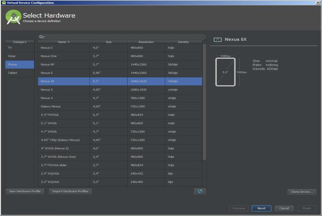 4 PŘEDSTAVENÍ VÝVOJOVÉHO PROSTŘEDÍ ANDROID STUDIO tlačítkem New Hardware Profile. Stejně tak je možné načíst již vytvořené zařízení ze souboru.