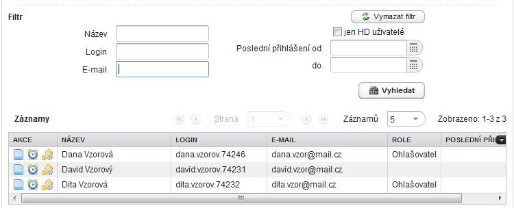 Konkrétního uživatele lze vyhledat dle jeho jména, loginu, e-mailu nebo podle uživatelů s oprávněním do aplikace EnviHELP ( jen HD uživatelé ) Také lze cíleně uživatele