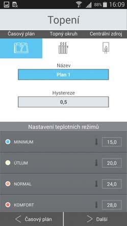 Záložka - Topení Aplikací lze ovládat vytápění a to od centrálního zdroje až po ovládání např. termohlavice RFATV-1 na ventilu topení. Záložka Topení Přímé ovládání termohlavice RFATV-1.