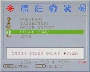 Color temp Adjust the color temperature of the display.