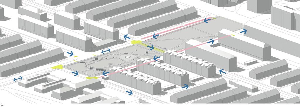 4.11 SCHEMATICKÝ VÝKRES DOPRAVNÍHO ŘEŠENÍ M 1:500 ŠIPKY ZNAČÍ SMĚR DOPRAVY VYVÝŠENÍ SILNICE V CENTRÁLNÍ ČÁSTI MEZI SEVERNÍ A JIŽNÍ ČÁSTÍ PARKU ŠIKMÉ STÁNÍ PŘESUNUTÍ NĚKOLIKA