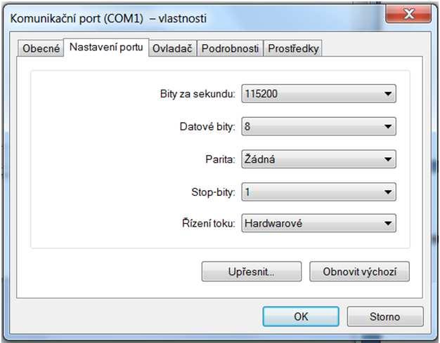 4) Zde se nastaví hodnoty: Bity za sekundu 115200 Datové bity 8 Parita žádná Stop-bity 1 Řízení toku Hardwarové Upozornění software hyperterminál není součástí balení!