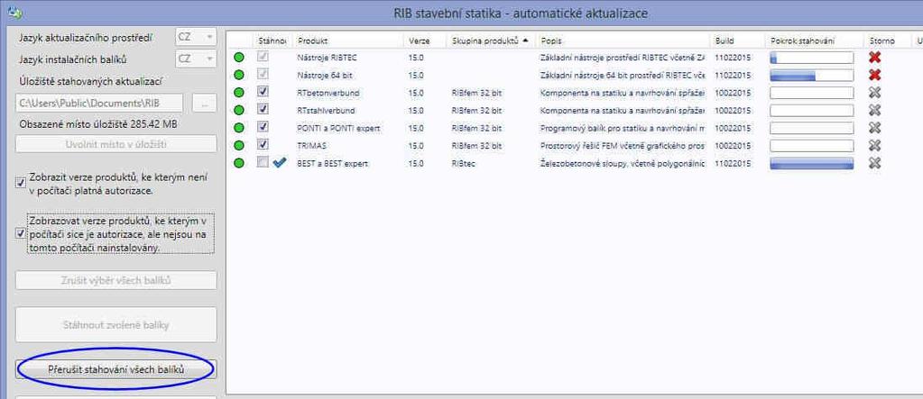 Instalace stažených balíků strana 32 Přerušení stahování všech balíků Automatické aktualizace RIBTEC 2.7.