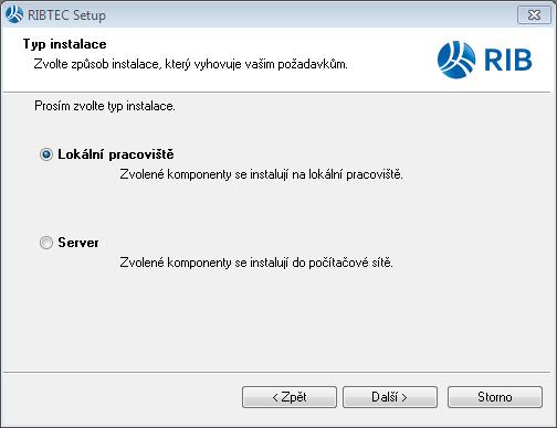 strana 7 Vlastní instalace vybraných produktů RIBTEC Instalace síťového klienta Zvolte typ instalace Lokální pracoviště nebo Server a pokračujte tlačítkem Další.