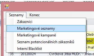 V této volbě se zobrazí okno, ve které je možno vidět seznam vytvořených marketingových seznamů a vytvářet seznamy nové.