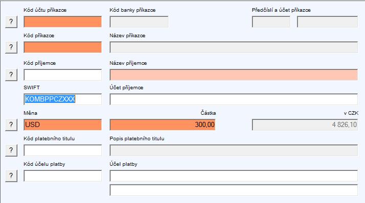 Příklad 3: převádíte z EUR účtu 300 USD. Účet příjemce je v USD.