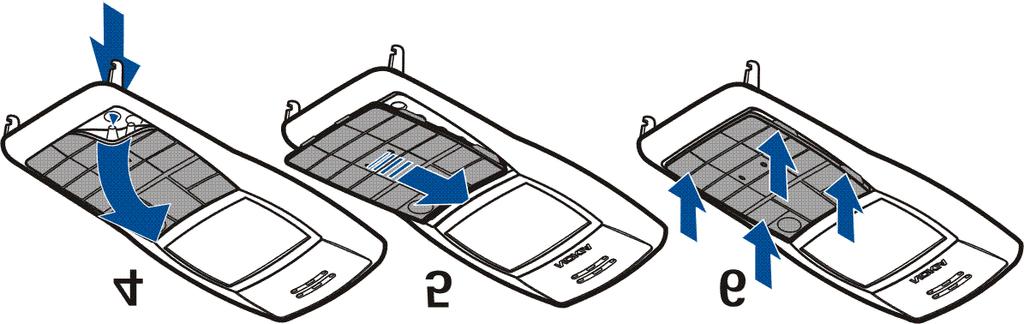 Demontujte zadní kryt telefonu a baterii. Viz kroky 1 a 2 v kapitole Instalace SIM karty na stranì 13. 2. Opatrnì sejmìte pøední kryt; zaènìte ve spodní èásti telefonu (3).
