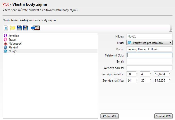 Nový bod zájmu vytvoříte stisknutím tlačítka 'Přidat POI'.