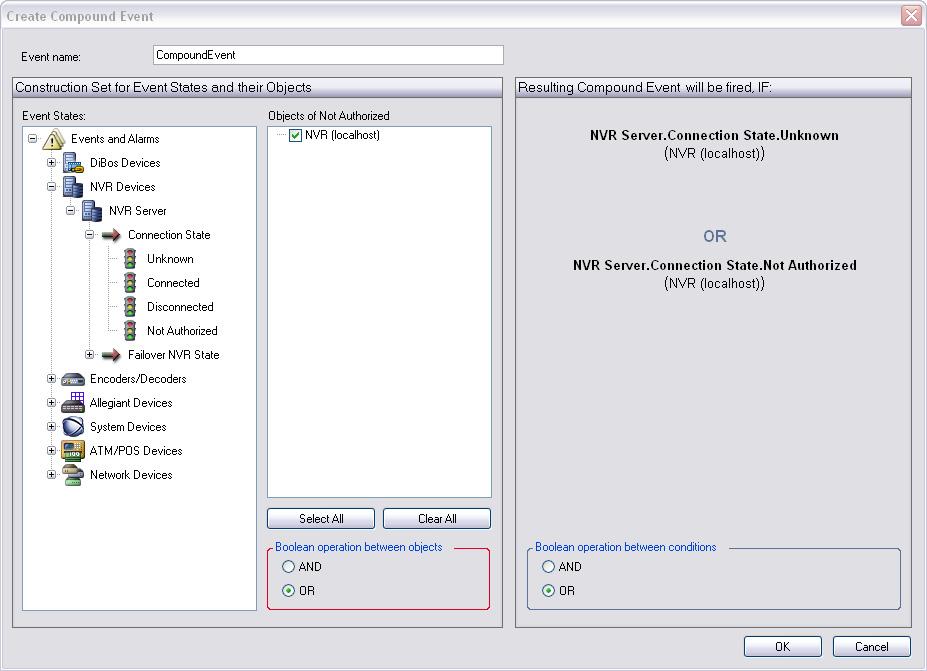 Bosch Video Management System Konfigurace událostí a poplachů cs 63 Vytvoření Složené Události: 1. V poli Stavy událostí: vyberte stav události. 2. V poli Objekty: vyberte jeden nebo více objektů.