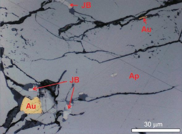 Shluky arsenopyritových zrn dosahují velikosti až 5 cm, jindy ale mohou tvořit jednotlivá zrna o velikosti pod 1 mm, vytvářející několikacentimetrové smouhy.