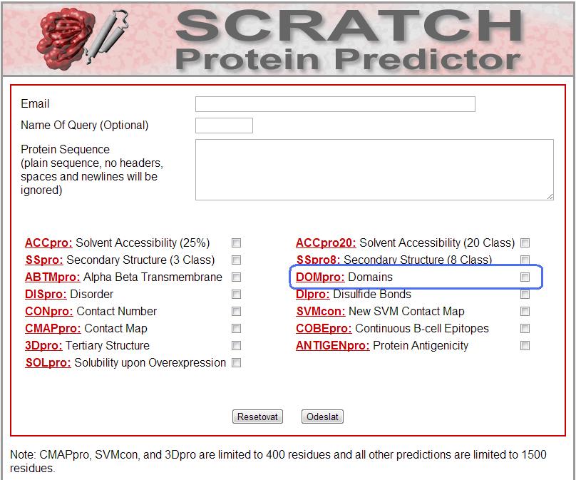 Obrázek 3.12: Uživatelské rozhraní serveru SCRATCH, jehož součástí je predikce proteinových domén s využitím algoritmu DOMpro (tato volba je označena modře).