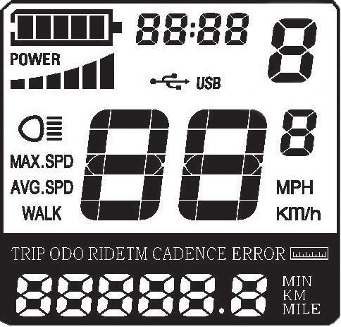 LCD Square stav baterie ukazatel výkonu osvětlení mód ukazatele rychlosti / vzdálenosti čas režim asistence ukazatel rychlosti jednotky rychlosti ukazatel vzálenosti / spotřeby Zapnutí a vypnutí Pro