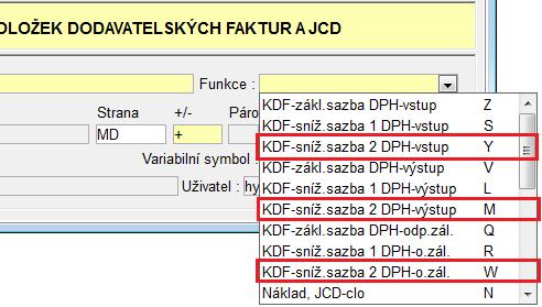 2.4 Kniha dodavatelských faktur 2.4.1 Číselník kódů položek Doplněny nové funkce (obsaženo v programovém vybavení RIS verze V8.10): - KDF-sníž.sazba 2 DPH-vstup a - KDF-sníž.