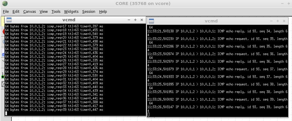 PŘEDSTAVENÍ A POPIS VYBRANÝCH VOLNĚ DOSTUPNÝCH APLIKACÍ Obrázek 5 Monitoring sítě pomocí Tcpdump v aplikaci CORE Uložení síťové konfigurace je možné ve formátu IMN, který později lze načíst i v