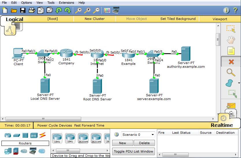 KOMERČNÍ ŘEŠENÍ (PACKET TRACER) Obrázek 7 Ukázka pracovního prostředí aplikace Packet Tracer Dvojitým poklepáním na zařízení na pracovní ploše se dostaneme do jeho nastavení.